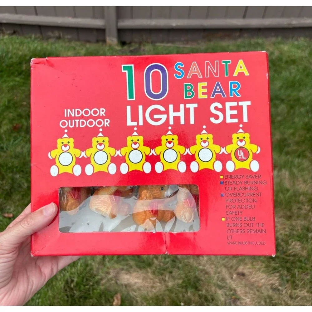 Vintage Christmas Santa Teddy Bear 10 Hard Plastic Blow Mold String Light Set